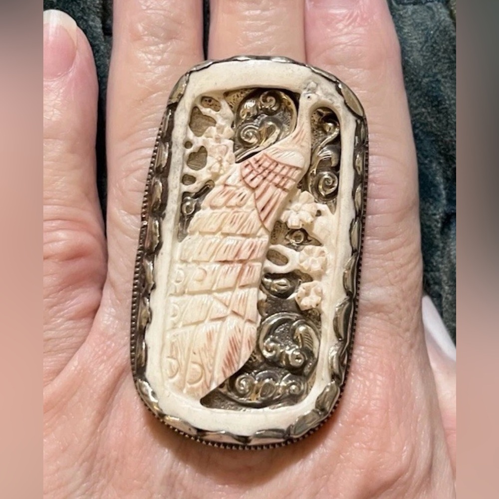 Peacock Queen Ring carved ivory intricately detailed silver Tara Gasparian ring